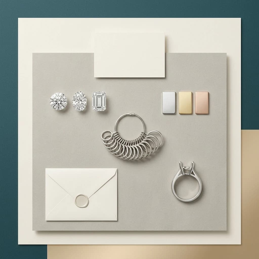 Custom jewelry priority board with diamond shapes, metal swatches, ring-sizing gauge, setting model and blank budget envelope