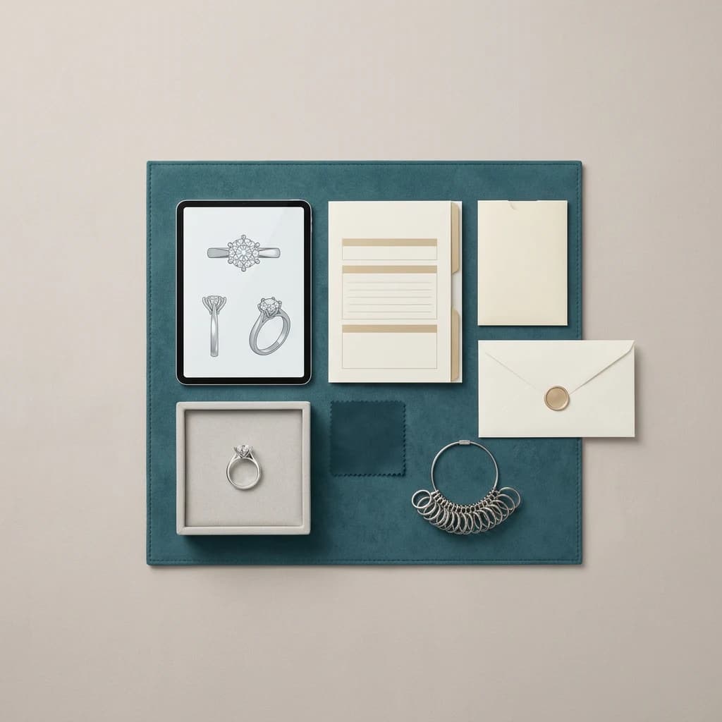 Custom ring approval workstation with finished ring, CAD tablet, blank specification folder, material swatch, sizing gauge and certificate sleeve