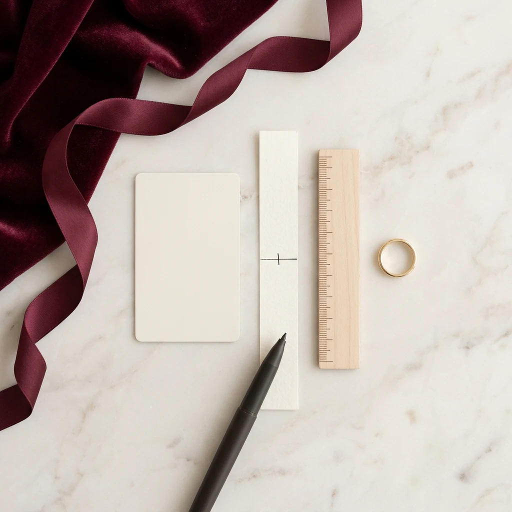 Bank card, paper strip, gold ring and ruler arranged on a marble surface for ring measurement